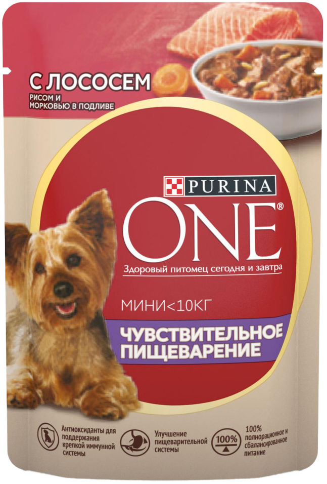 Корм для собак Purina One для чувствительной кожи c лососем рисом и морковью в подливе 85г