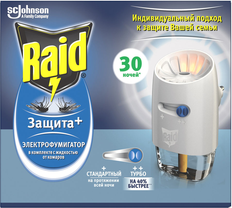 Электрофумигатор Raid Защита+ с жидкостью и слайдером 30 ночей