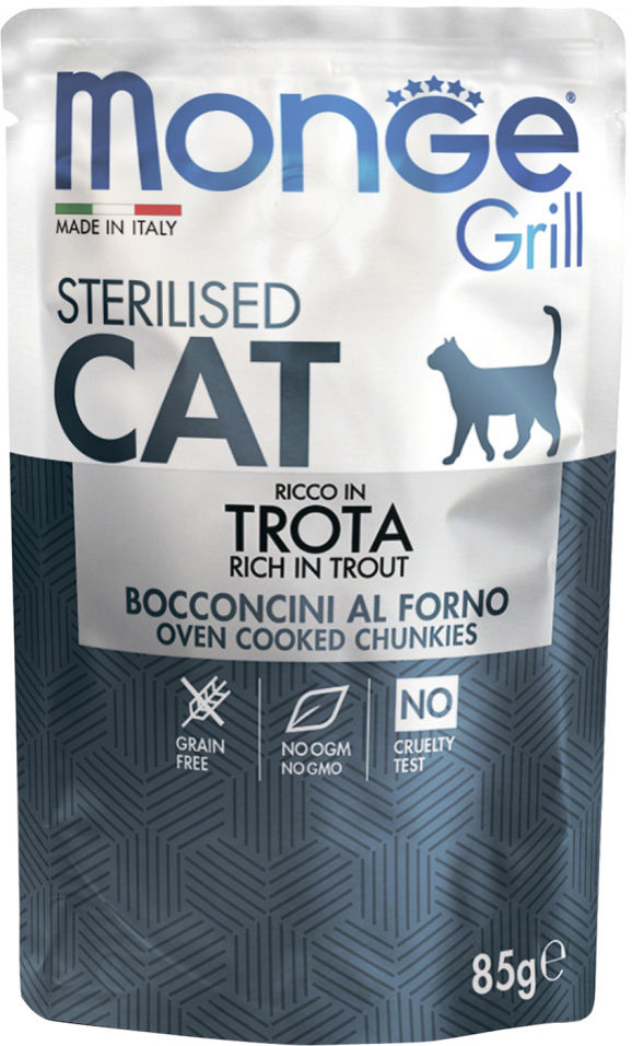 Влажный корм для стерилизованных кошек Monge Grill Sterilised Cat Итальянская форель 85г (упаковка 28 шт.)