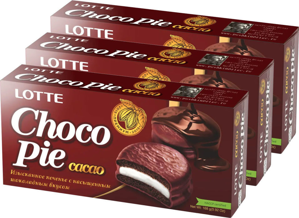 Печенье Lotte Choco Pie Cacao в глазури 6шт*28г (упаковка 3 шт.)