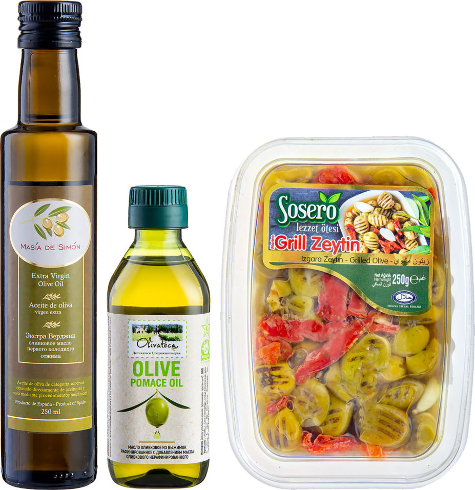 Масло оливковое Masia de Simon Extra Virgin и Pomace oil и Оливки Sosero гриль без косточки 250г и 2шт*250мл