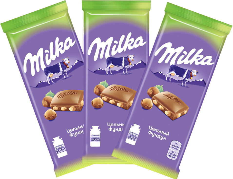 Шоколад Milka Молочный с цельным фундуком 85г (упаковка 3 шт.)