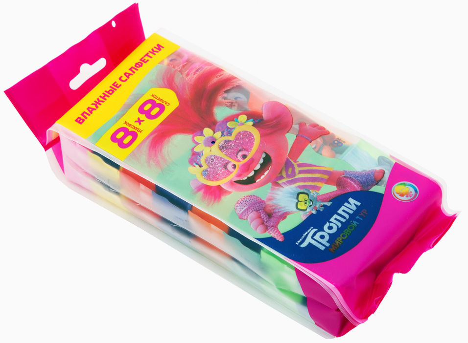 Салфетки влажные Aquaelle Тролли детские 8*8шт